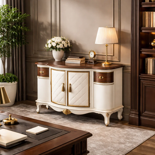 Classic French Curved Sideboard Cabinet with Quilted Doors, Walnut Top & Gold Hardware