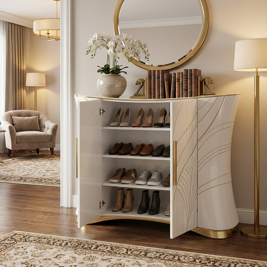 Curved Front Accent Cabinet with Gold Line Pattern & Brass Handles