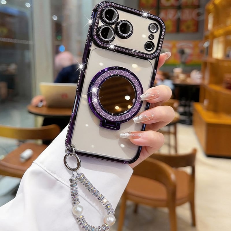 Sparkling Diamond Women's Phone Case with Mirror & Stand for iPhone 12/13/14/15/16/17 Pro Max.17Air.14/15/16 Plus💖