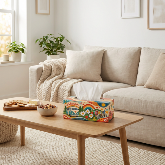 “Good Vibes” Retro Rainbow Tissue Box Cover, Hippie Van Floral Tissue Holder for Bathroom, Bedroom & Office