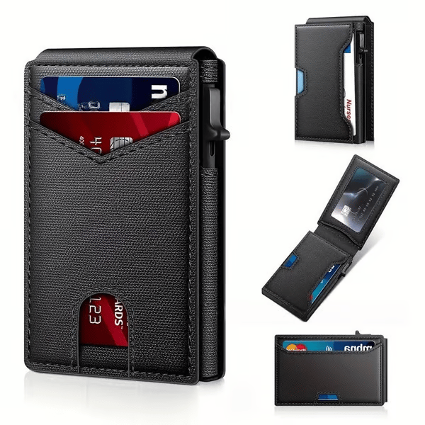 💼🔒Premium Aluminum RFID Blocking Minimalist Wallet for Men - Pop-Up Card Access. Money Clip & ID Window