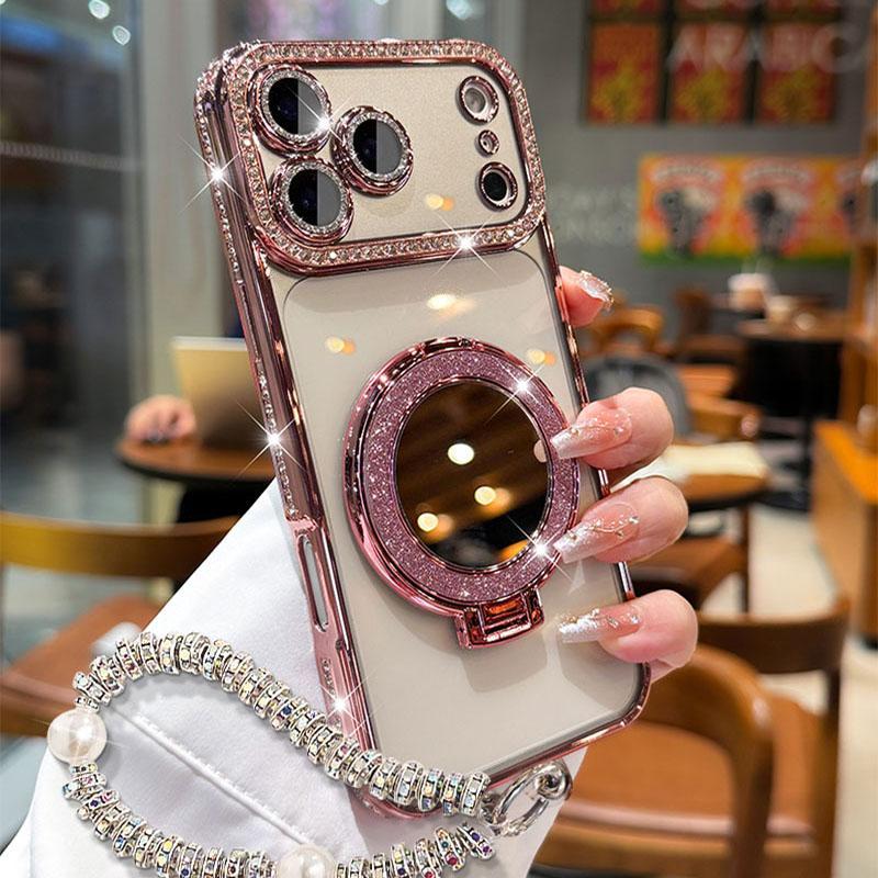 Sparkling Diamond Women's Phone Case with Mirror & Stand for iPhone 12/13/14/15/16/17 Pro Max.17Air.14/15/16 Plus💖