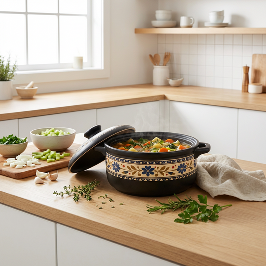 Classic Floral Ceramic Casserole Dish with Lid & Side Handles, Vintage Pattern Oven-to-Table Baking Pot (Black/Cream/Blue)
