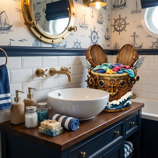 Nautical Ship-Themed Storage Bucket with Lid, Anchor & Wave Decor, Winged Barrel Design