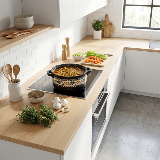 Classic Floral Ceramic Casserole Dish with Lid & Side Handles, Vintage Pattern Oven-to-Table Baking Pot (Black/Cream/Blue)