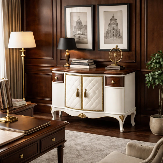 Classic French Curved Sideboard Cabinet with Quilted Doors, Walnut Top & Gold Hardware