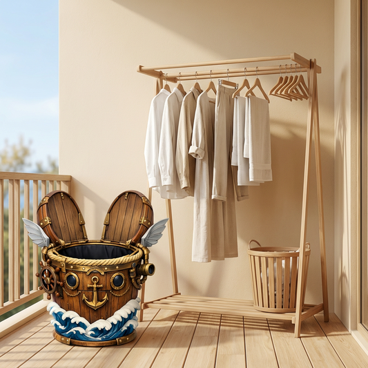 Nautical Ship-Themed Storage Bucket with Lid, Anchor & Wave Decor, Winged Barrel Design