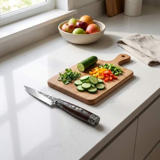 Vintage Etched Utility Kitchen Knife with Wooden Handle & Silver Floral Accents, Stainless Steel Blade