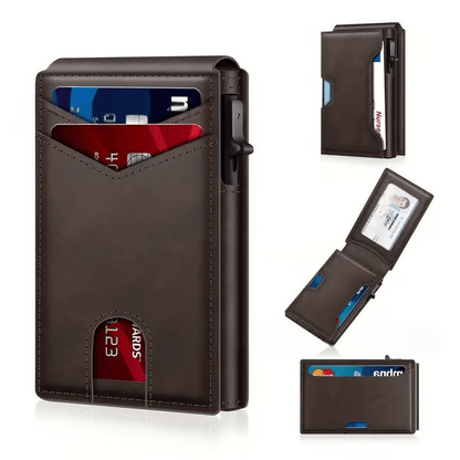 💼🔒Premium Aluminum RFID Blocking Minimalist Wallet for Men - Pop-Up Card Access. Money Clip & ID Window