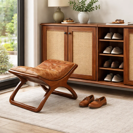 Vintage Tufted Leather Ottoman Stool with Curved Wood Base & Nailhead Trim