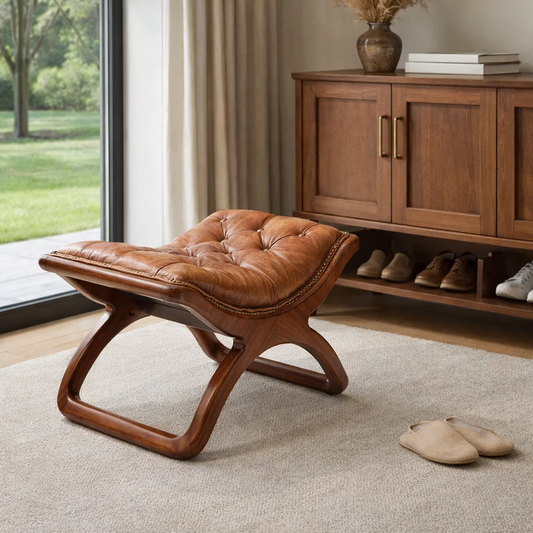 Vintage Tufted Leather Ottoman Stool with Curved Wood Base & Nailhead Trim