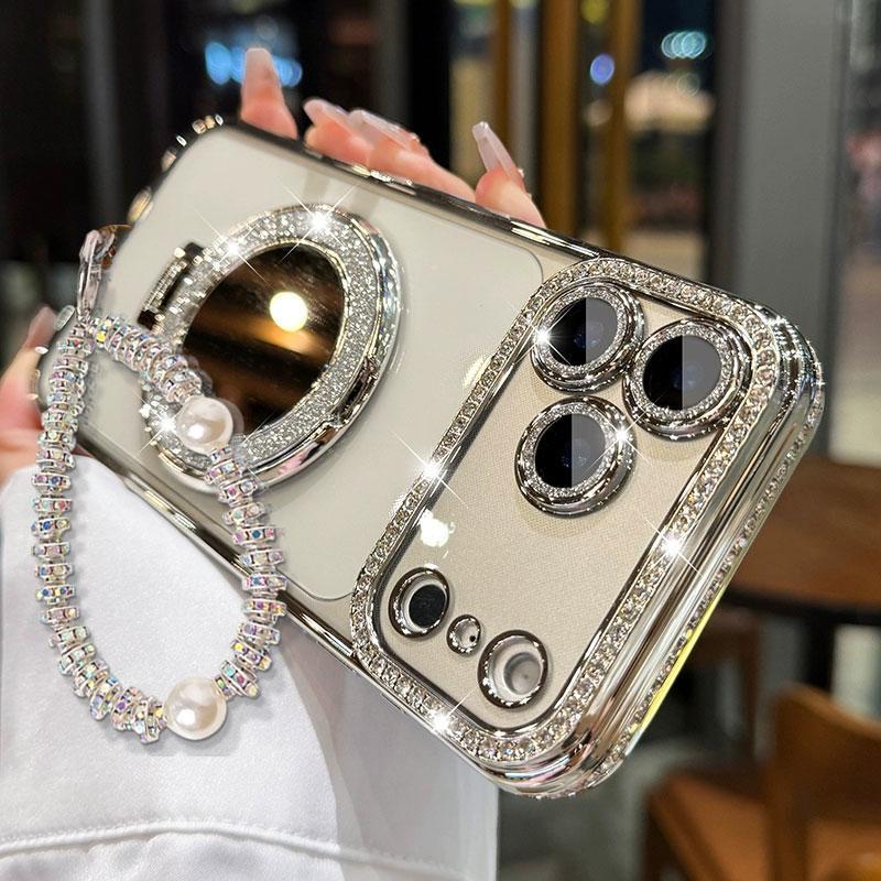 Sparkling Diamond Women's Phone Case with Mirror & Stand for iPhone 12/13/14/15/16/17 Pro Max.17Air.14/15/16 Plus💖