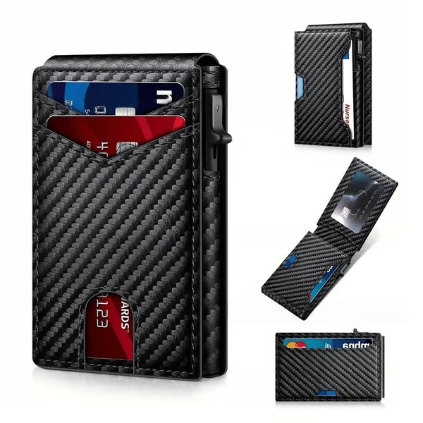 💼🔒Premium Aluminum RFID Blocking Minimalist Wallet for Men - Pop-Up Card Access. Money Clip & ID Window