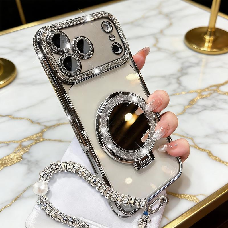 Sparkling Diamond Women's Phone Case with Mirror & Stand for iPhone 12/13/14/15/16/17 Pro Max.17Air.14/15/16 Plus💖