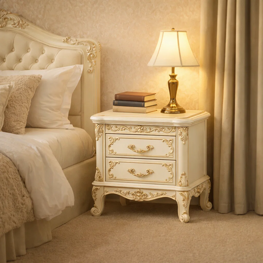 French Baroque 2-Drawer Nightstand with Gold Carved Details