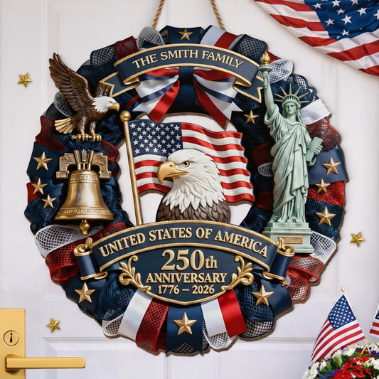 Custom Wood Sign - Personalized America 250th Anniversary Gifts For Mom. Dad. Brother. Sister. Kids - Family Forever United