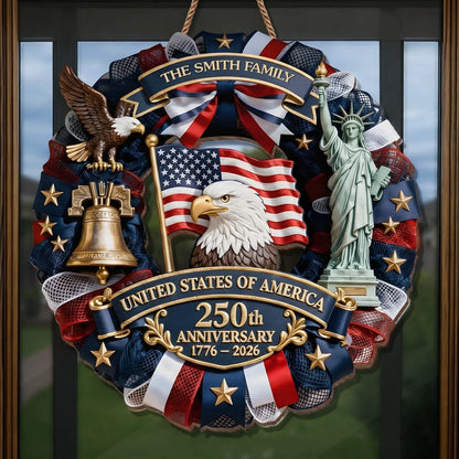 Custom Wood Sign - Personalized America 250th Anniversary Gifts For Mom. Dad. Brother. Sister. Kids - Family Forever United