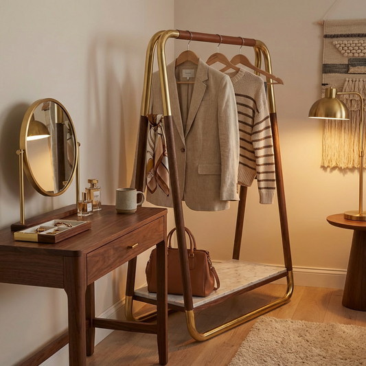 Modern Valet Clothes Rack with Marble Base, Walnut Wood & Brass Frame