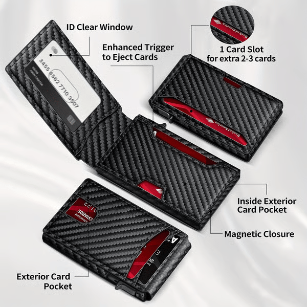 💼🔒Premium Aluminum RFID Blocking Minimalist Wallet for Men - Pop-Up Card Access. Money Clip & ID Window