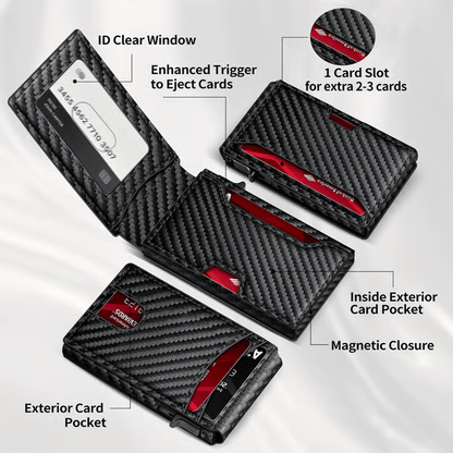 💼🔒Premium Aluminum RFID Blocking Minimalist Wallet for Men - Pop-Up Card Access. Money Clip & ID Window