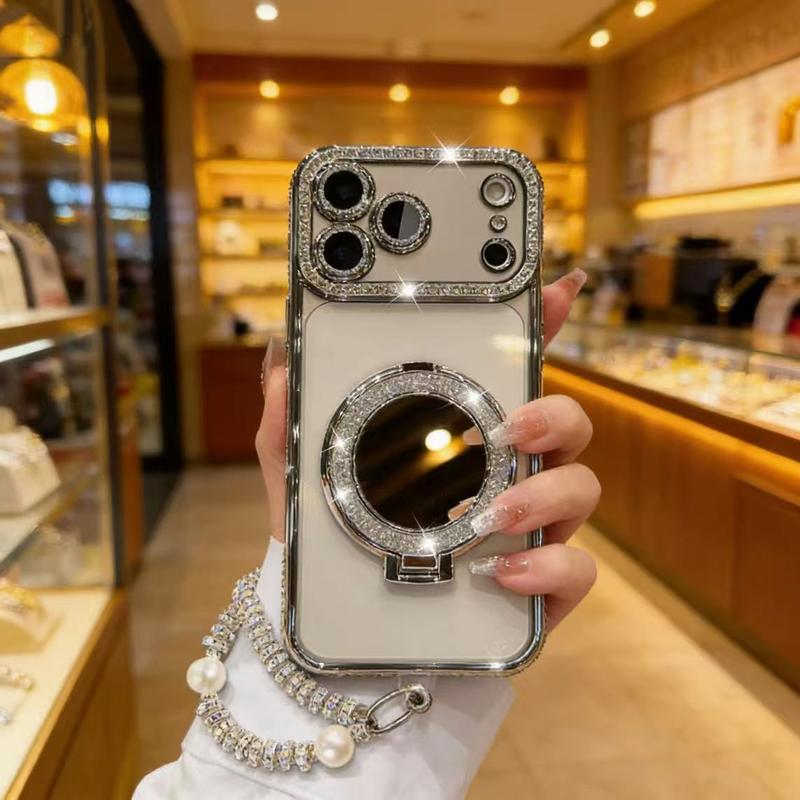 Sparkling Diamond Women's Phone Case with Mirror & Stand for iPhone 12/13/14/15/16/17 Pro Max.17Air.14/15/16 Plus💖