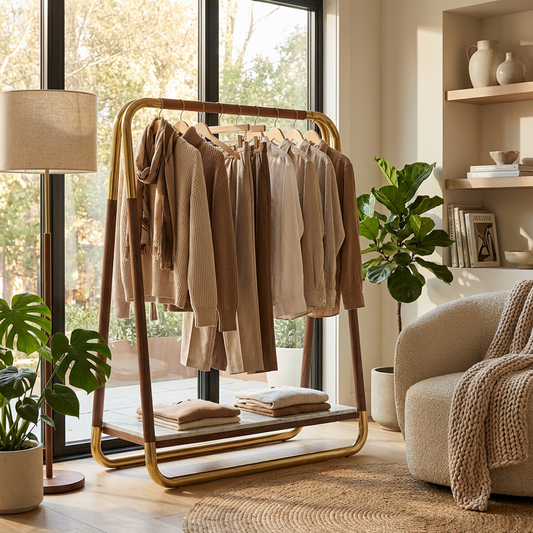 Modern Valet Clothes Rack with Marble Base, Walnut Wood & Brass Frame