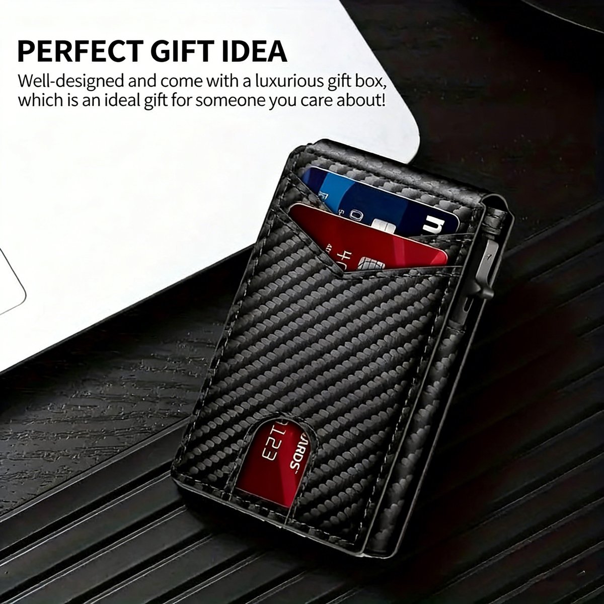 💼🔒Premium Aluminum RFID Blocking Minimalist Wallet for Men - Pop-Up Card Access. Money Clip & ID Window