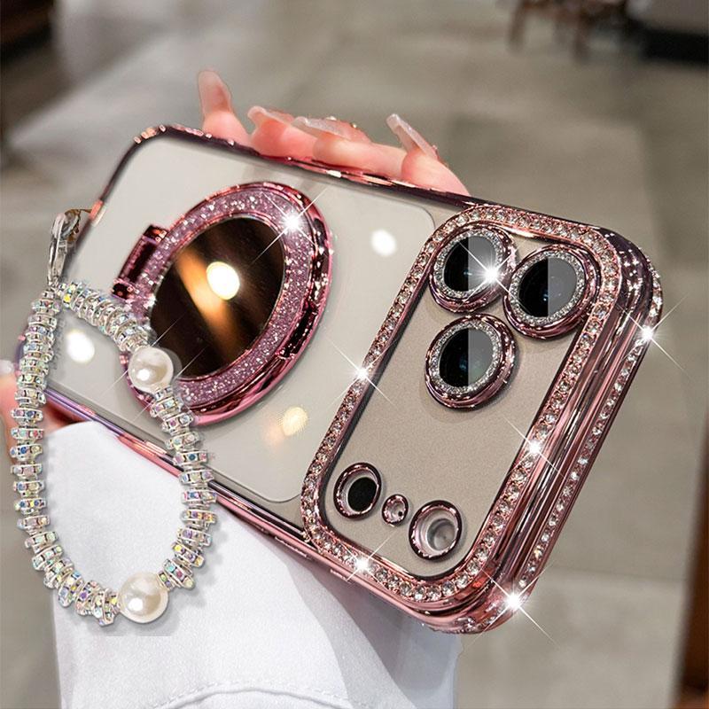 Sparkling Diamond Women's Phone Case with Mirror & Stand for iPhone 12/13/14/15/16/17 Pro Max.17Air.14/15/16 Plus💖