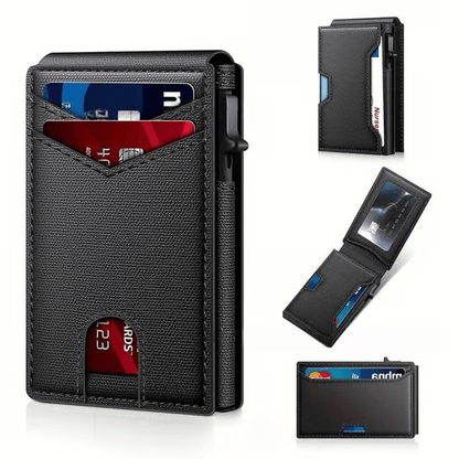 💼🔒Premium Aluminum RFID Blocking Minimalist Wallet for Men - Pop-Up Card Access. Money Clip & ID Window