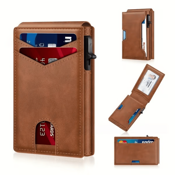 💼🔒Premium Aluminum RFID Blocking Minimalist Wallet for Men - Pop-Up Card Access. Money Clip & ID Window