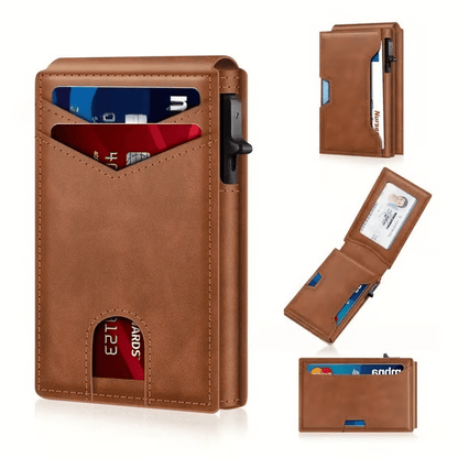 💼🔒Premium Aluminum RFID Blocking Minimalist Wallet for Men - Pop-Up Card Access. Money Clip & ID Window